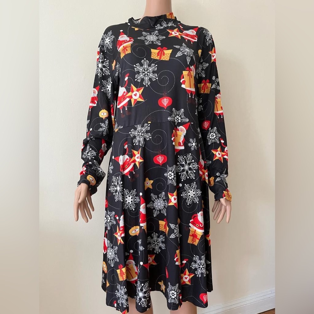 Women’s Christmas Print Pullover Flared A Line Swing Long Sleeve Dress, XL